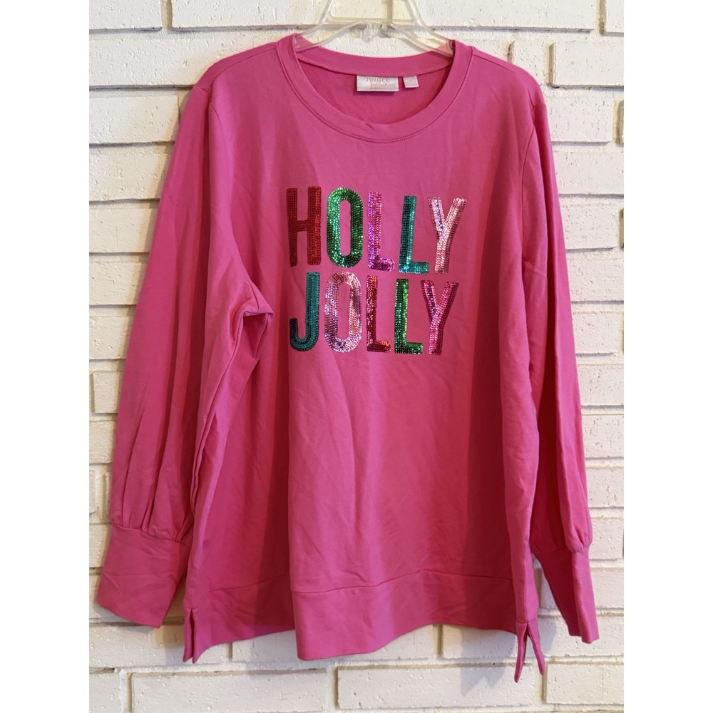 Jingle Belles by Kim Gravel Women's Sequin Holly Jolly Knit Top Pink Sz XL NWOT